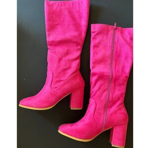 Side Zipper Faux Suede Chunky Heel Knee High Boots